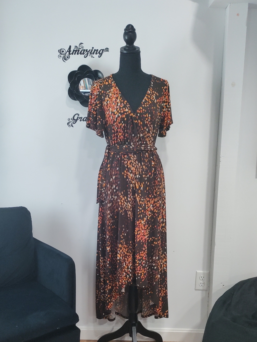 Brown & Orange Printed V-Neck Midi Wrap Dress with Tie Waist